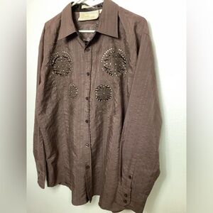 Y2K button up shirt Men’s size XL Chocolate brown embroidered, embellished.